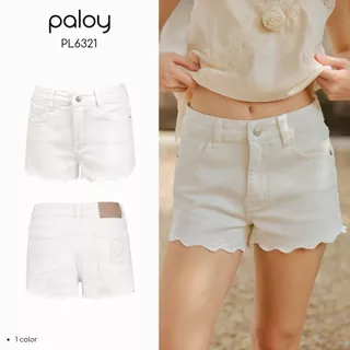 Paloy - PL6321 Sunday Shorts กางเกงยีนส์ขาสั้นผ้ายืด ปลายขาปักหยัก ด้านหลังกระเป๋าปัก Logo