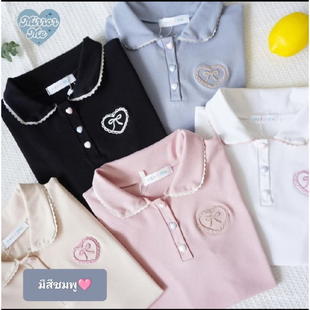 mirrorme เสื้อโปโลสีชมพูแต่งปกน่ารัก กระดุมหัวใจ ปักโบว์ ผ้า มือ2