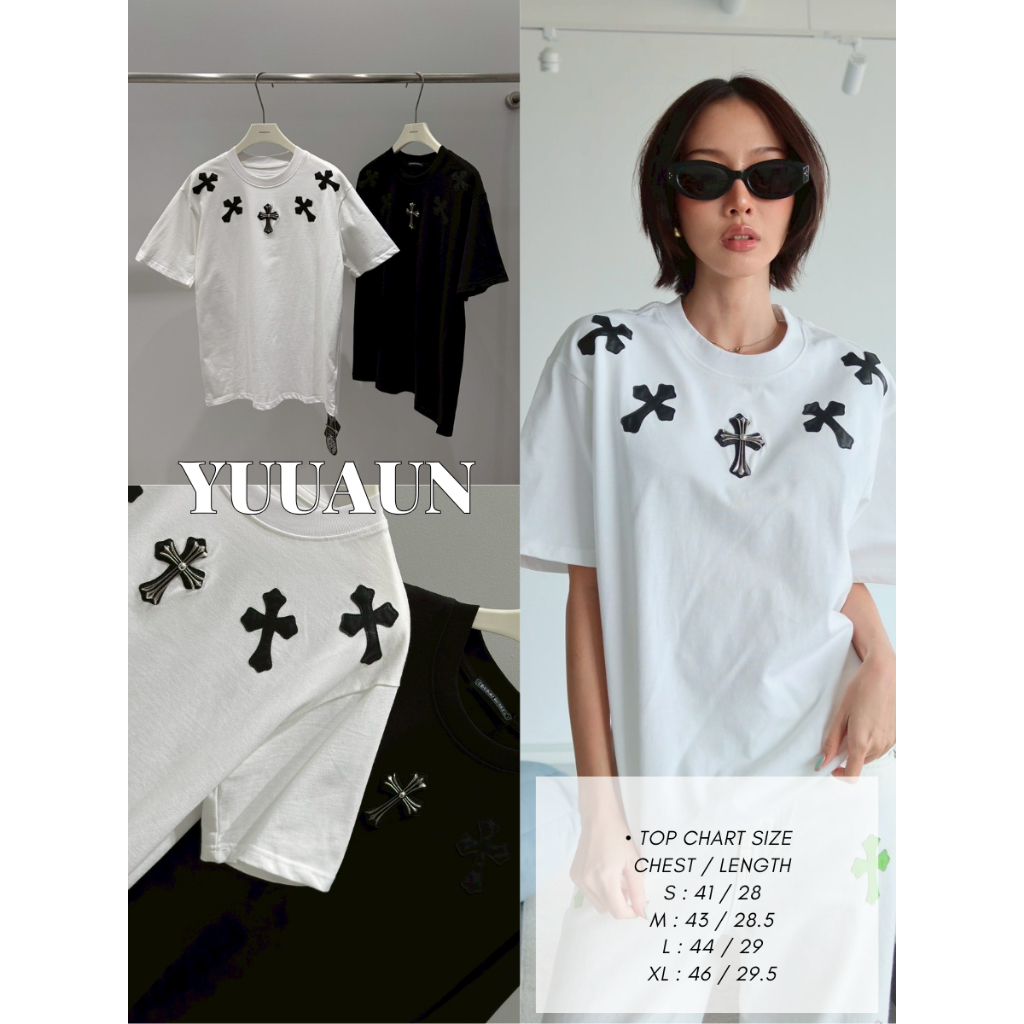 YUUAUN เสื้อยืดลายกางเขน  มินิมอลเท่ๆ เสื้อยืดสายฝอแฟชั่น คอกลมแขนสั้น ลายปักกางเขนรอบคอดีไซน์เก๋ๆ YU9066