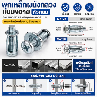 พุกเหล็กผนังกลวง พร้อมสกรู พุกยิปซัม พุกยึดผนังเบา พุกเหล็กขยายตัว ขนาด 4x20-6x25 มม.