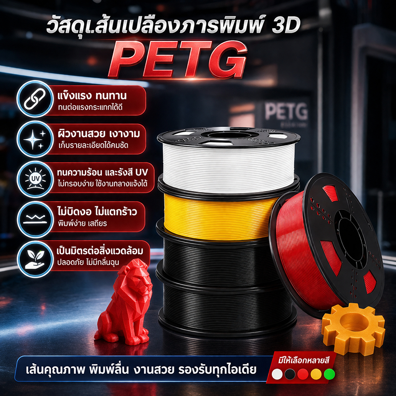 เส้น PETG ขนาด 1.75mm 1kg สำหรับเครื่องพิมพ์ 3D สีพื้นฐาน คุณภาพดี พิมพ์ลื่น ไม่ติดหัวพิมพ์ งานเนียนสวย พร้อมส่ง