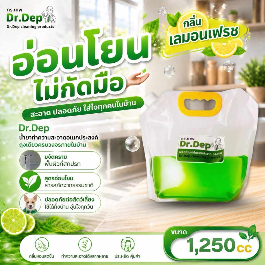 Dr.Dep ขนาด 1250cc น้ำยาทำความสะอาดอเนกประสงค์ สูตรสกัดจากธรรมชาติ เข้มข้น ประหยัด ไม่กัดมือ