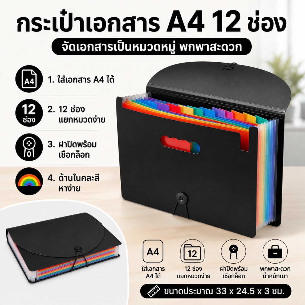 Gion-กระเป๋าเอกสาร PVC A4 12 ช่อง สีดำ แฟ้มเอกสารแบบพกพา แฟ้มออร์แกไนเซอร์ ใส่เอกสาร ใบเสร็จ บิล และเอกสารสำนักงาน