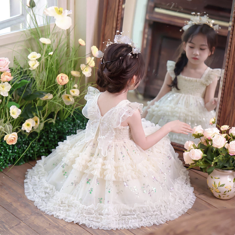 PRINCESS KESLI เดรสเด็กหญิง ขาวนวล ชุดเจ้าหญิงลายผีเสื้อ ชุดวันเกิดเด็กผู้หญิง สไตล์น่ารัก 2-12 ปี