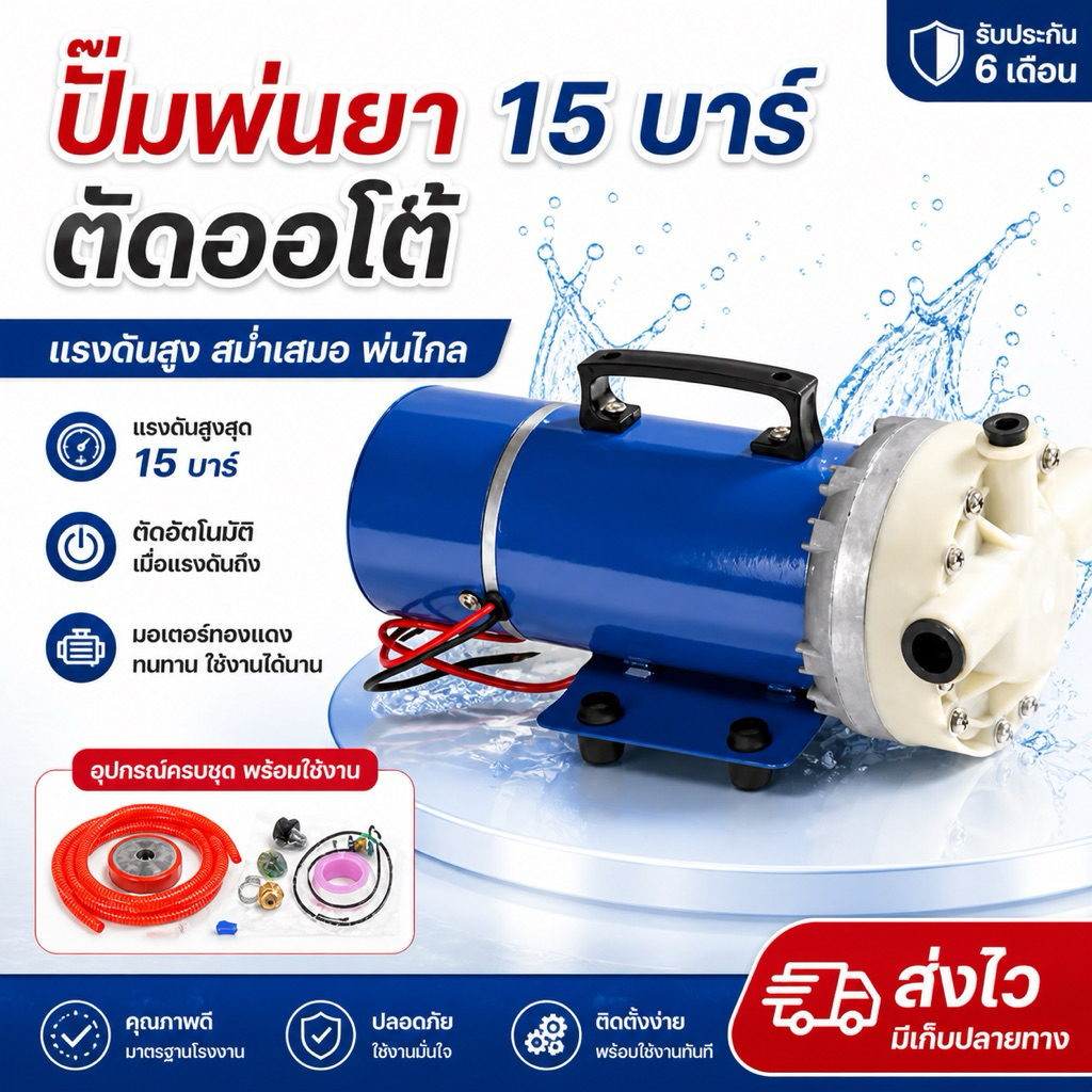 ปั๊มพ่นยา พ่นหมอก อัดฉีด Dc12V 260W. 15Bar. ระบบออโต้ ใช้แบตเตอรี่