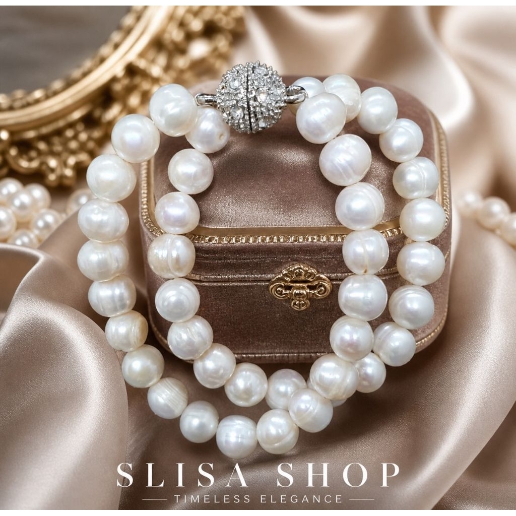 สร้อยข้อมือไข่มุกเเท้100% (Real pearl) ขนาด 8-10 mm. สร้อยข้อมือไข่มุกเส้นคู่ใส่ตะขอเเม่เหล็ก