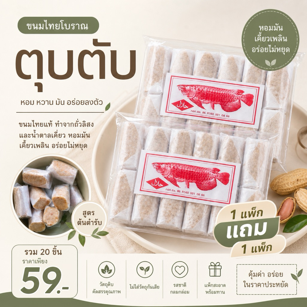 [1แถม1] ขนมตุ๊บตั๊บ ราคานี้ได้ถึง 2 แพค (รวม20ชิ้น) ตุบตับ ขนมโบราณ ถั่วลิสงเน้นๆ ชิ้นเล็ก พอดีคำ หวาน กรอบ อร่อย