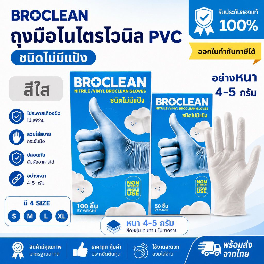 ถุงมืออเนกประสงค์ ถุงมือไนไตรไวนิล(pvc)สีใส ยี่ห้อ Broclean อย่างหนา เหนียว ทนทาน พร้อมส่ง