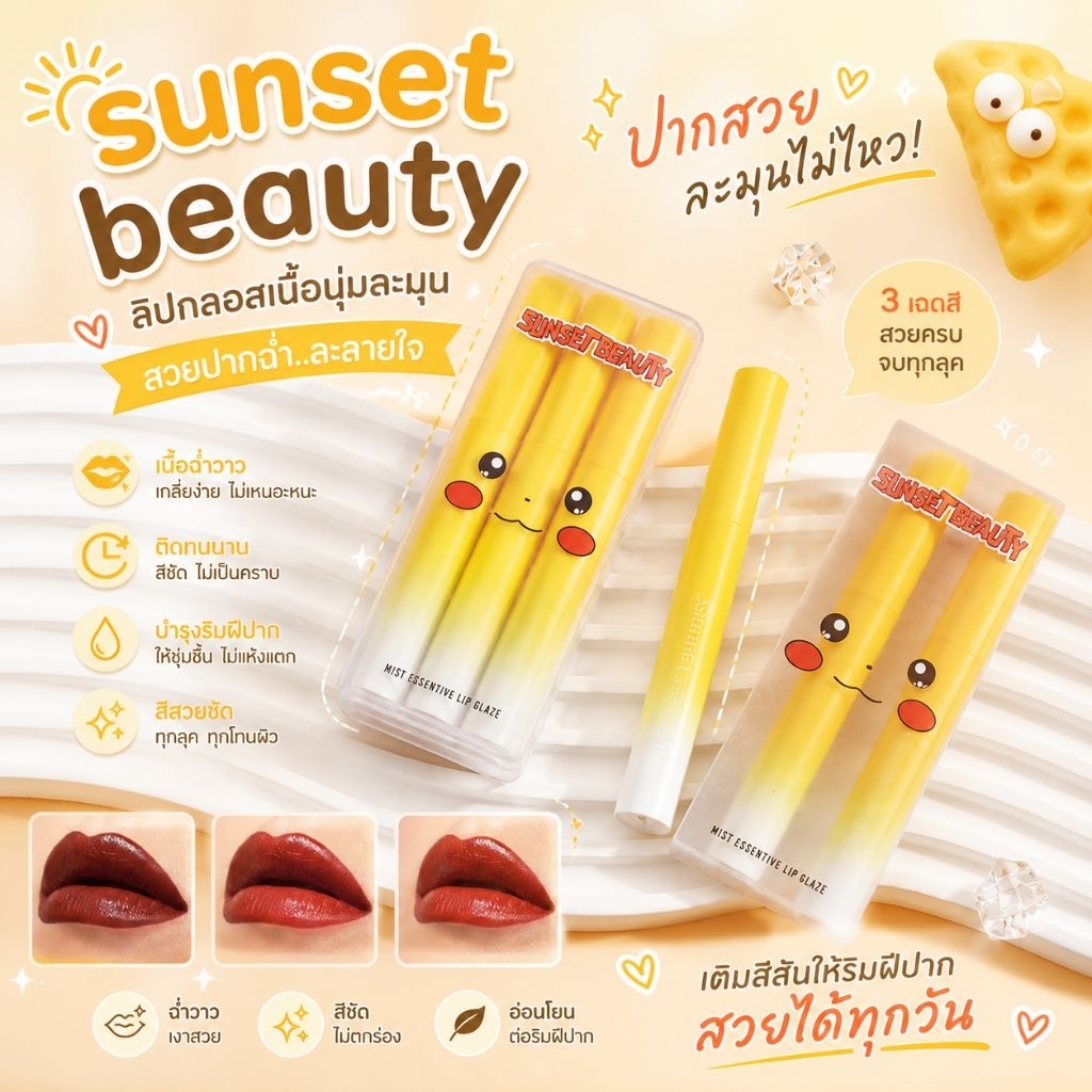 เซตลิป 1เซตได้ 3แท่ง 3โทนสี(ปิกาจู แท่งเหลือง)
