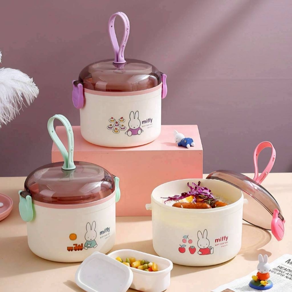 กล่องข้าว Lunch Box กระต่าย Miffy แบบโถกลม มีหูหิ้วซิลิโคน มาพร้อมช้อน + ส้อมในตัว เข้าไมโครเวฟได้