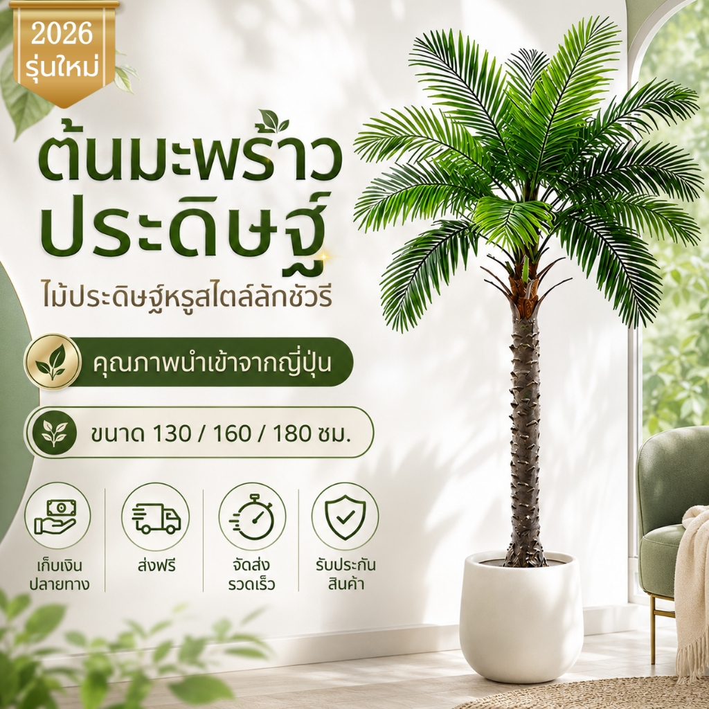 🌴ความจำลอง 99.9%🌴ต้นไม้ปลอม ต้นมะพร้าว 130/160/180cm ตกแต่งบ้าน สไตล์นอร์ดิกอิน สีไม่จางลง100ปี