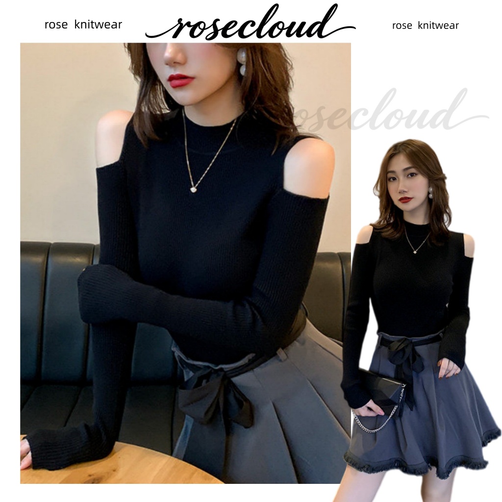🌟rosecloud🌟เสื้อไหมพรมแขนยาว คอเต่าเปิดไหล่ เสื้อตัวใน เสื้อไหมพรมแขนยาวสำหรับผู้หญิง เสื้อที่ช่วยให้ดูผอมเพรียว13924