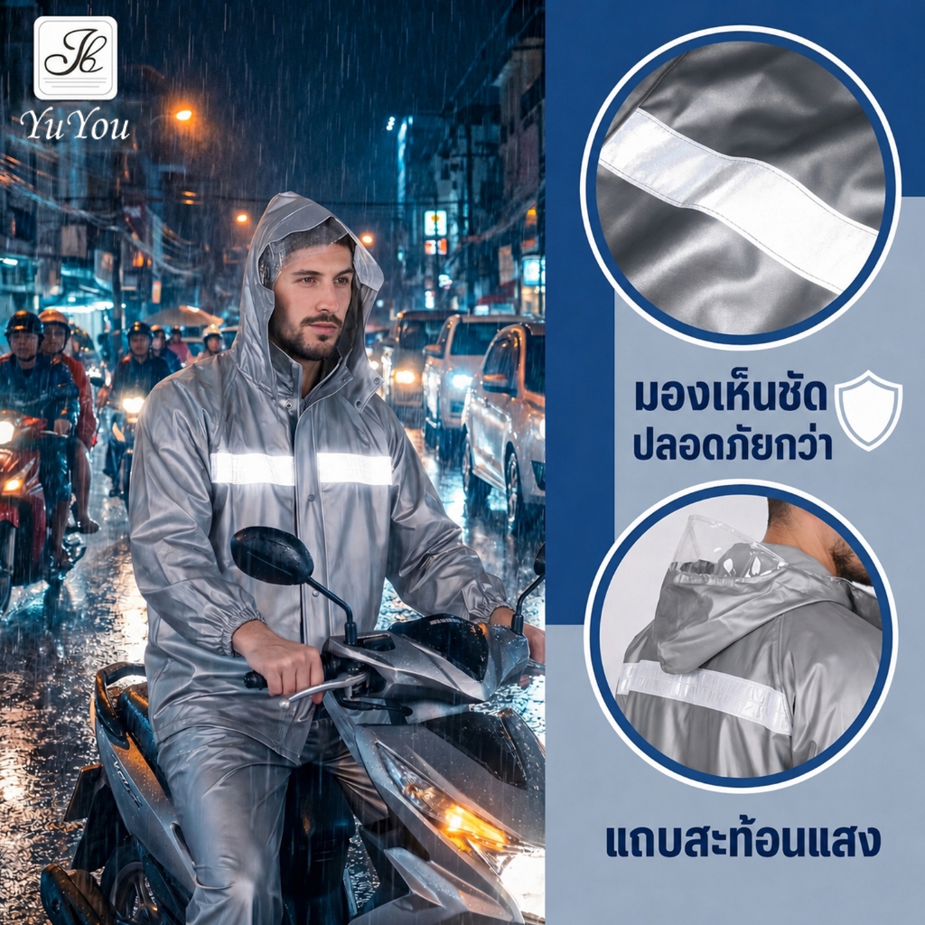 💧60ปีทนใช้ไม่เสี💧ชุดกันฝนแบบหนา หนาขึ้นกันน้ำสะท้อนแสงระบายอากาศเหมาะปั่นจักรยานกลางแจ้ง เสื้อกันฝนมอเตอร์ไซค์Raincoat