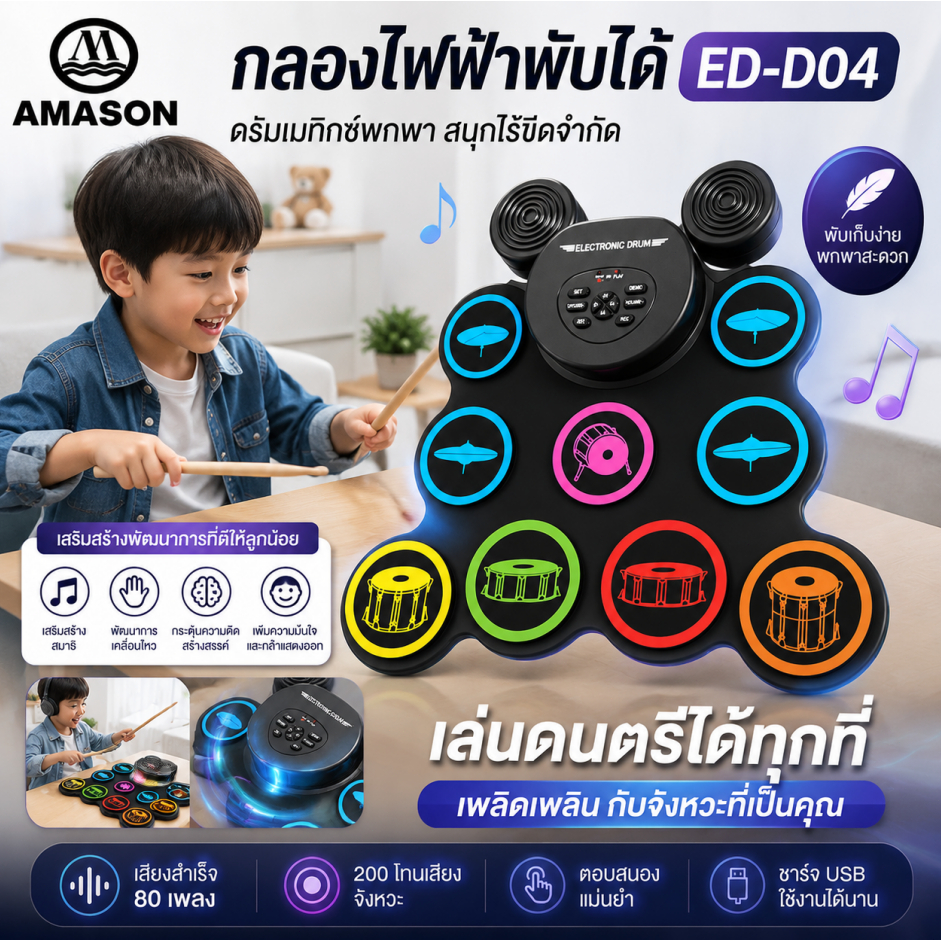 แบบพกพา กลองอิเล็กทรอนิกส์ ดนตรีประกอบ Bluetooth ลำโพงในตัว กระเป๋าพกพาสำหรับฝึกซ้อมได้ทุกที่ทุกเวลา