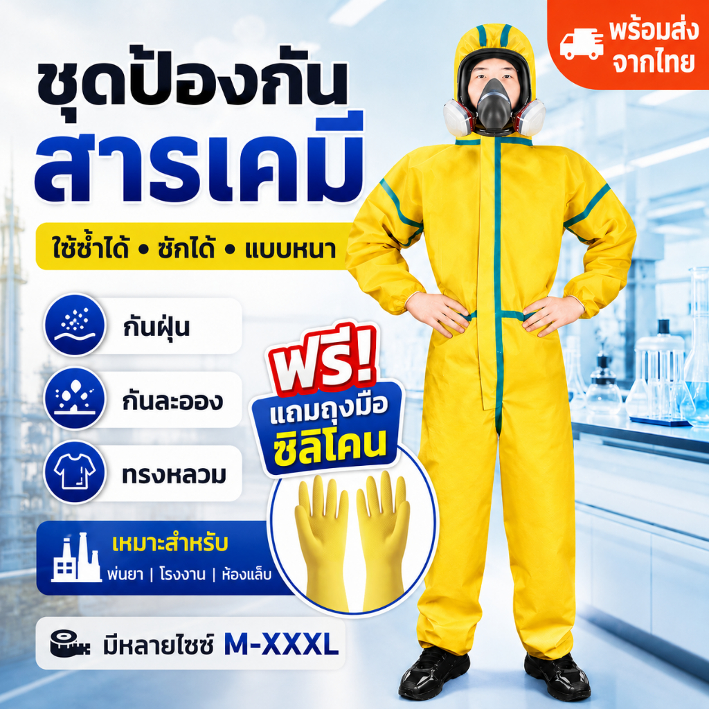 พร้อมส่งจากไทย ชุดป้องกันสารเคมี ชุดพ่นยาเกษตร ใช้ซ้ำได้ ซักได้ แบบหนา ทรงหลวม กันฝุ่น กันละออง สำหรับโรงงาน ห้องแล็บ