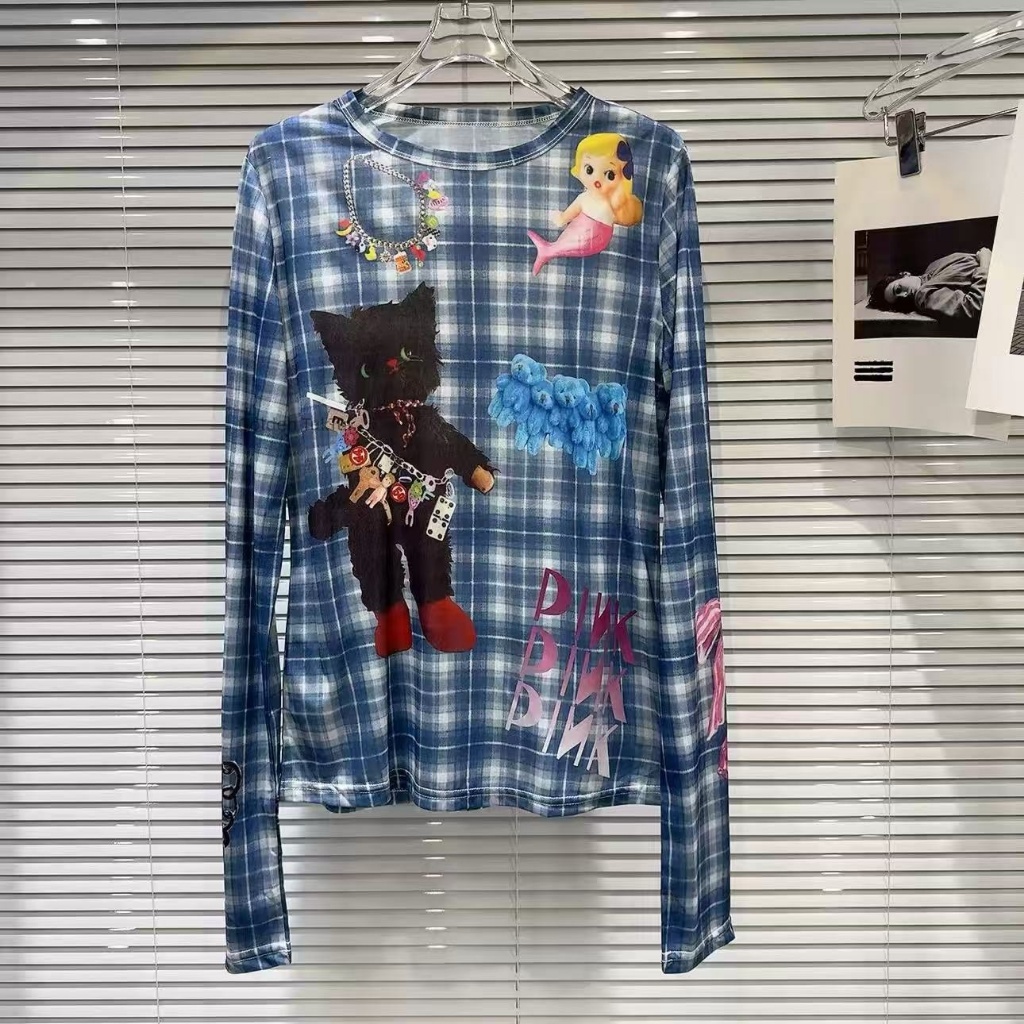 เสื้อยืดแขนสั้นลายตารางสีฟ้าแบบซีทรูเล็กน้อย สไตล์ใหม่สำหรับฤดูร้อน ทรงเข้ารูป ใส่ได้หลายโอกาส