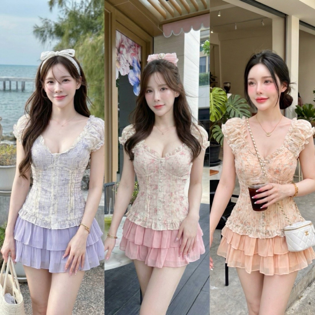 Set เสื้อเสื้อฉลุลายดีเทลระบาย กระโปรงระบาย โทนสีพาสเทล