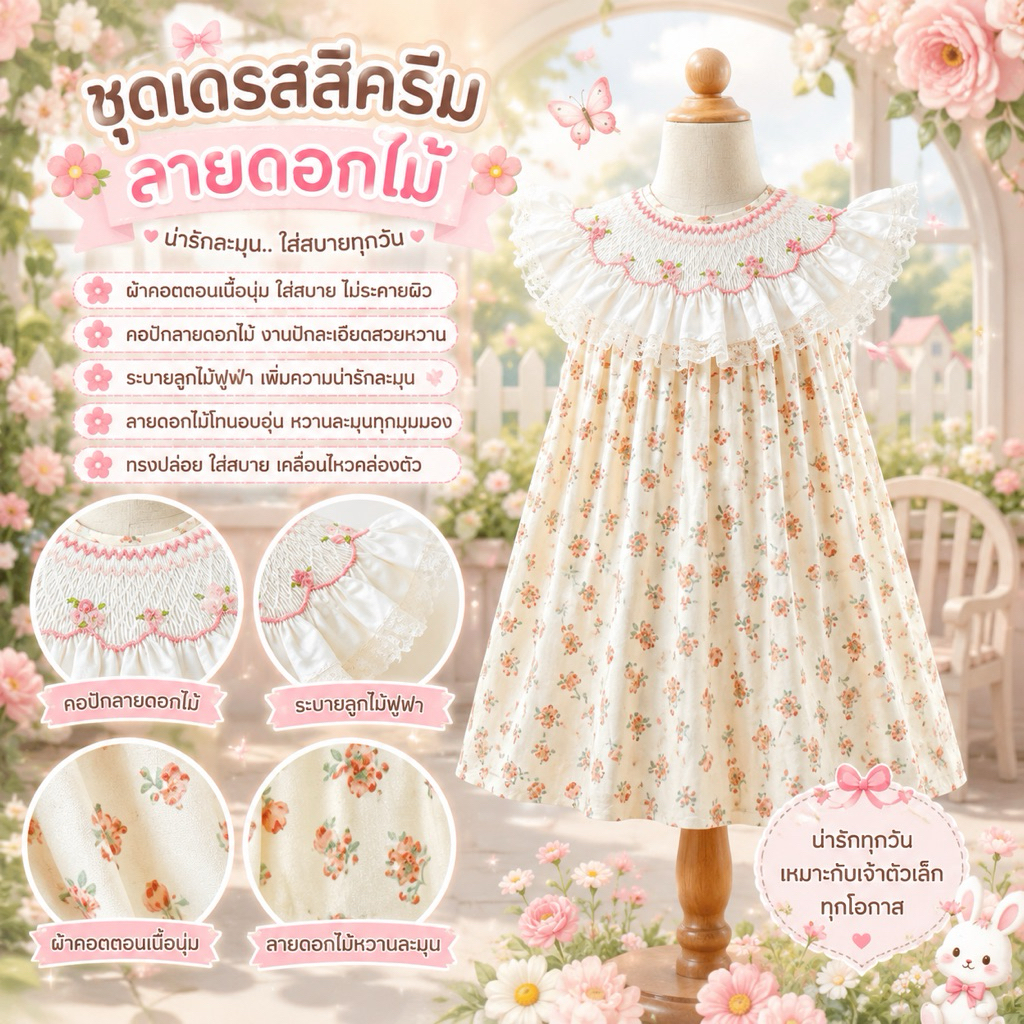 smock dress เดรสปกสม็อคปักมือ ผ้าลายดอกไม้เล็กๆสีครีม
