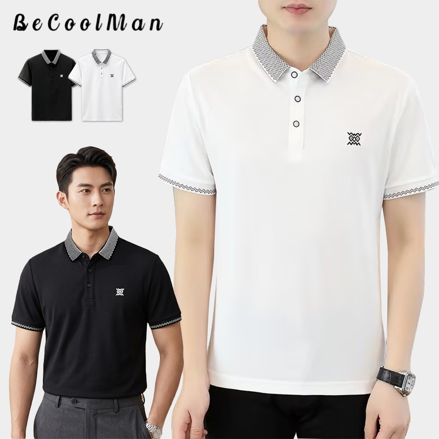 💥BecoolMan💥เสื้อโปโลสไตล์ธุรกิจ คอปกพิมพ์ลาย แขนเสื้อพิมพ์ลาย มีกระดุม แขนสั้นผู้ชายฤดูร้อน แมทช์ง่าย ลำลอง