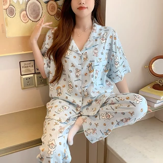 ชุดนอนสไตล์เกาหลี ผ้าไหมญี่ปุ่นนุ่มใส่สบาย แขนสั้น ขายาว บิ๊กไซส์ L-4XL ส่งไว