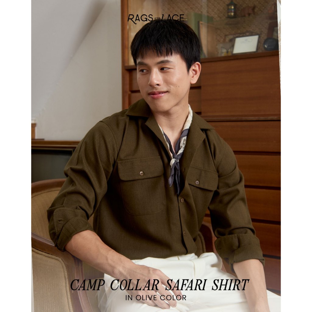 Rags and Lace Camp Collar Safari Shirt - เสื้อเชิ้ตซาฟารีแขนยาว สี Olive, Dune