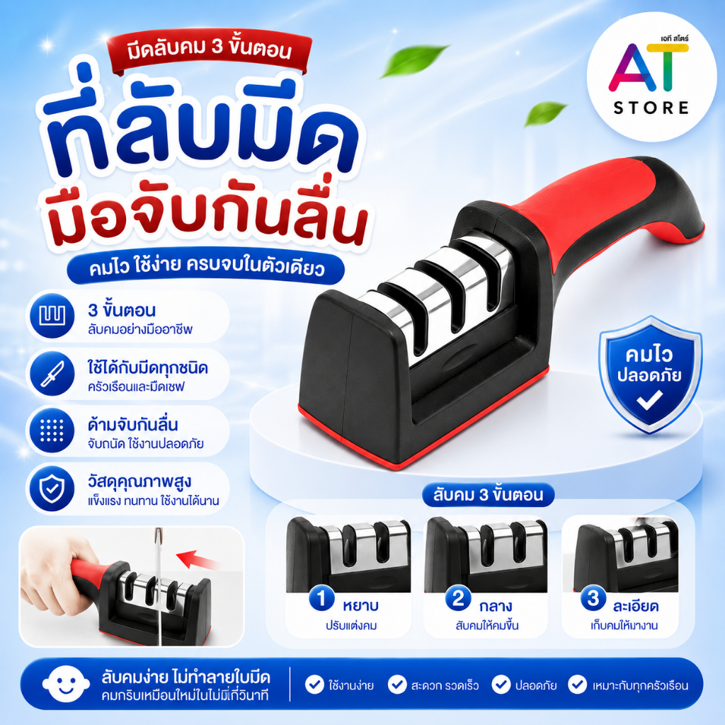 AT.Store ที่ลับมีดมือจับกันลื่น 3 ขั้นตอน ลับมีดเชฟ มีดทำครัว ลับคมกริบเหมือนใหม่ สะดวกรวดเร็ว วัสดุคุณภาพสูง