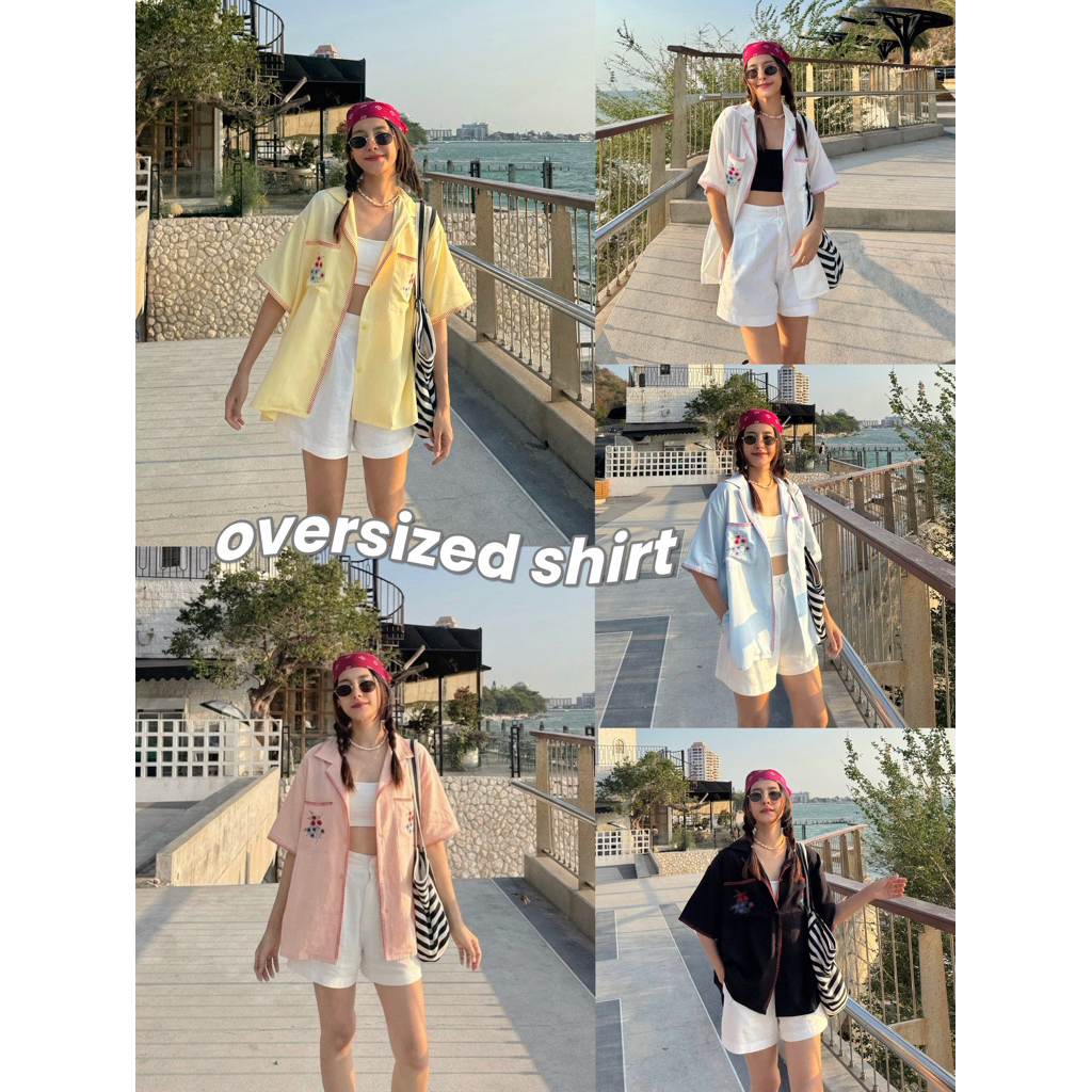 19JAN.STUDIO : OVERSIZED SEA SHIRT (เฉพาะเสื้อ) เชิ้ตผ้าฝ้ายผสมลินิน ผ้านุ่มมากกก ดีเทลตัวเสื้อoversize ถักขอบสีแดง