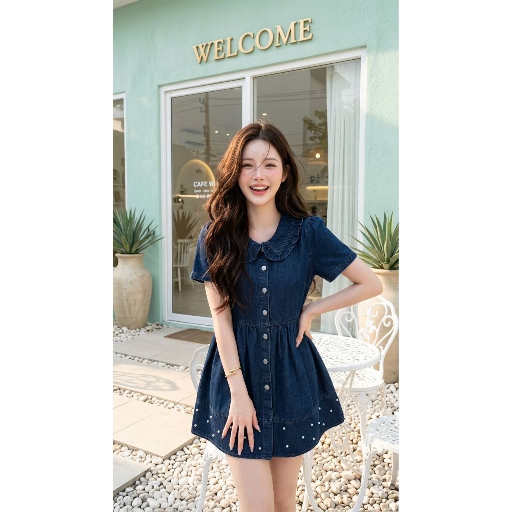 Chaaim Shop BC471 ป้ายBASIC เซ็ตยีนส์(สีเข้ม) เสื้อแขนสั้นคอปกแต่งเชือกผูกโบว์ชายปักมุก+ขาสั้น
