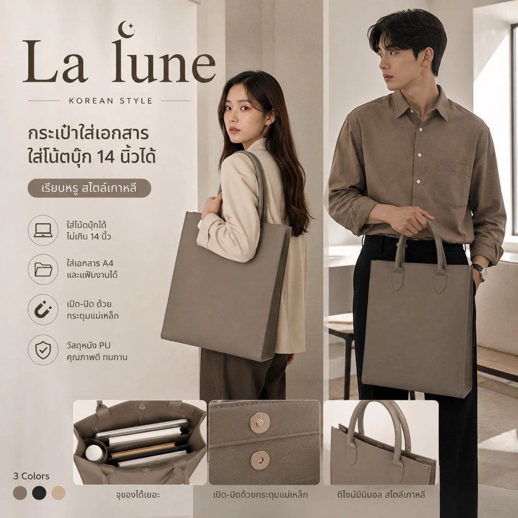 La Lune Nova กระเป๋าถือผู้หญิงใบใหญ่ กระเป๋าใส่เอกสาร ใส่โน๊ตบุ๊ค หนัง PU จุของเยอะ เรียบหรู พกพาง่าย Made in Thailand