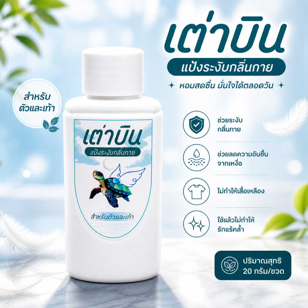 แป้งเต่าบิน แป้งระงับกลิ่นกาย,กลิ่นเท้า หอมสดชื่น ใช้ได้ทั้งรักแร้และเท้า ลดเหงื่อ ลดแบคทีเรีย