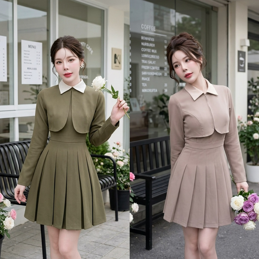 D34 เดรสแขนยาวจีบแทนนิสปกทูโทน มีไซส์ S-3XL ความยาว 34-35 นิ้ว