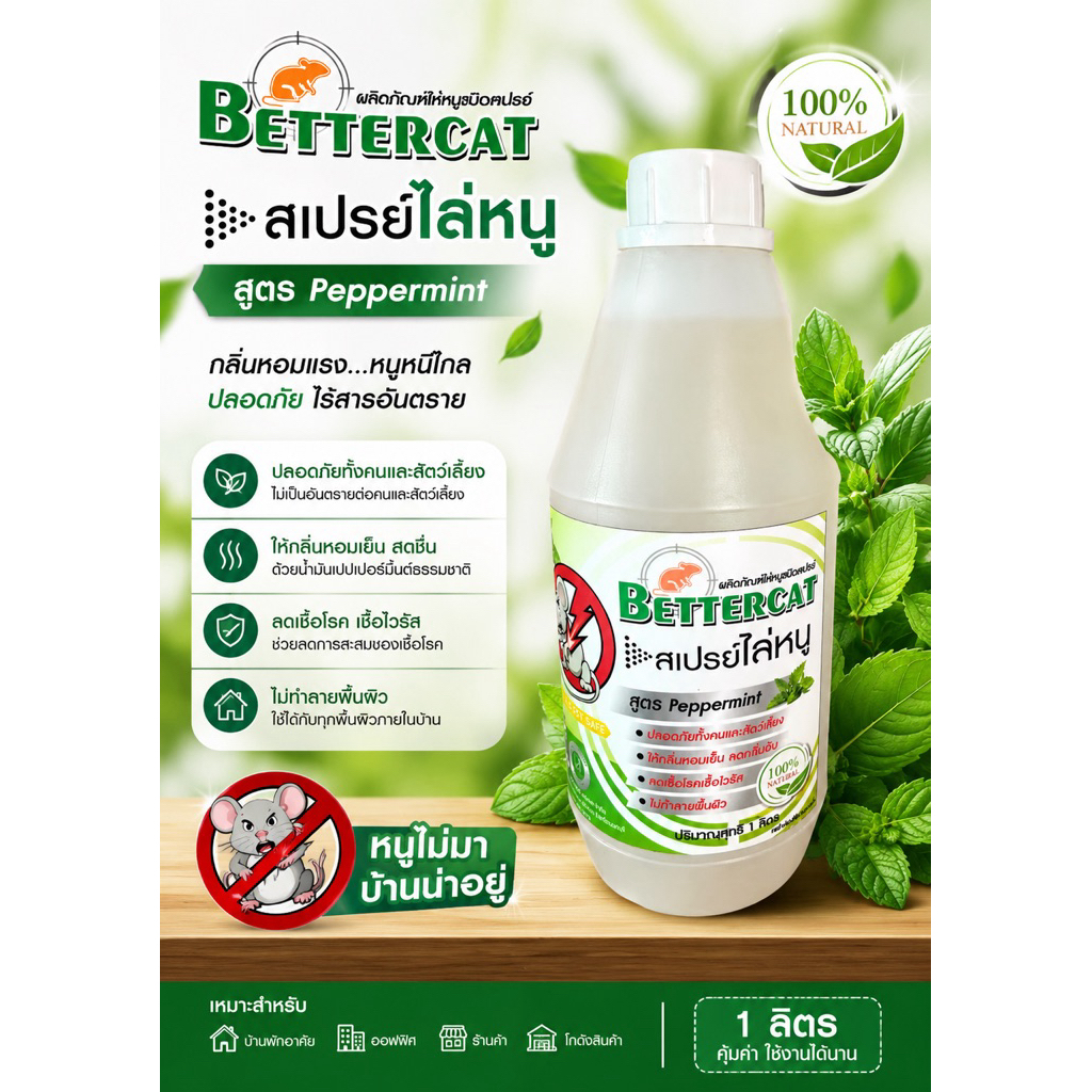 ไล่หนู สเปรย์ไล่หนู Better Cat (สูตรNatural 100%) ให้กลิ่นหอมเย็นจาก Peppermint