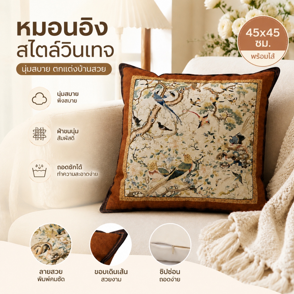 หมอนอิงวินเทจ 45×45 ซม. พิงหลัง รองเอว แต่งโซฟา ซักง่าย พร้อมส่งในไทย