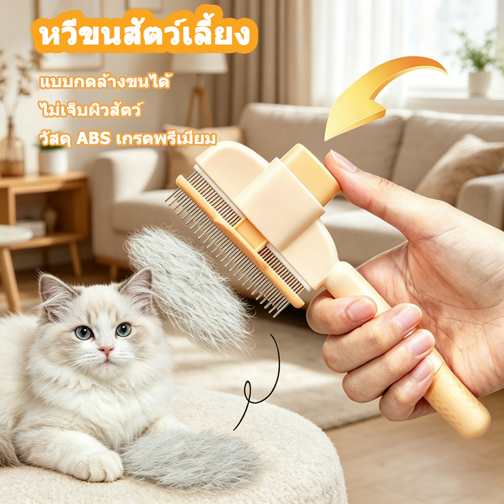 หวีขนสัตว์เลี้ยง หวีขนแมว หวีขนหมา มีปุ่มกดดันขนออก จับถนัดมือ อุปกรณ์ดูแลขนสัตว์