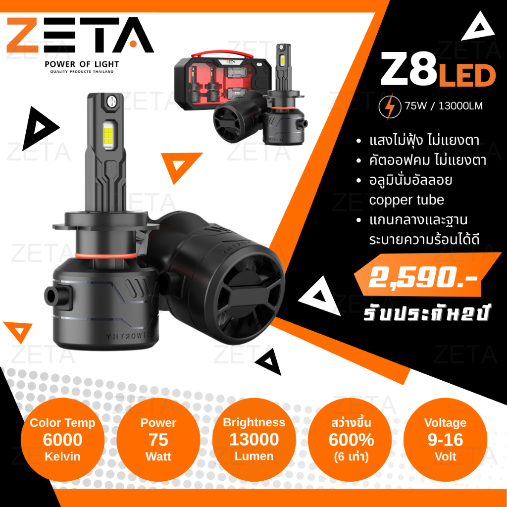 หลอดไฟLED สำหรับรถยนต์ รุ่น ZETA Z8  สว่างกว่าหลอดเดิมๆ 600%  H1/H3/H4/H7/H11/HB3/HB4 สินค้ามีาการรั