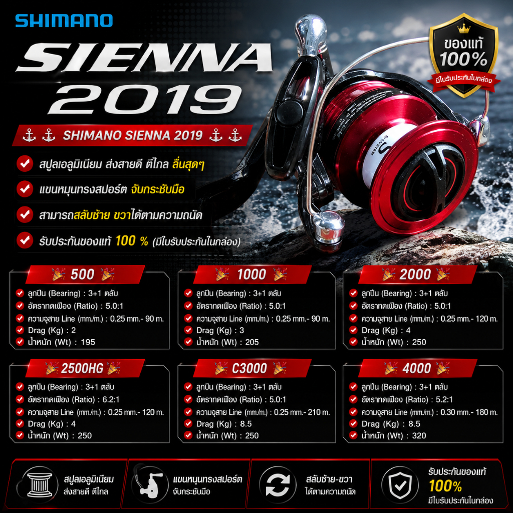 [ ของแท้ ]  รอกสปิน รอกชิมาโน่ Shimano Sienna 2019 แขนหมุนทรงสปอร์ต สลับซ้าย/ขวาได้ตามความถนัด Spinning reel