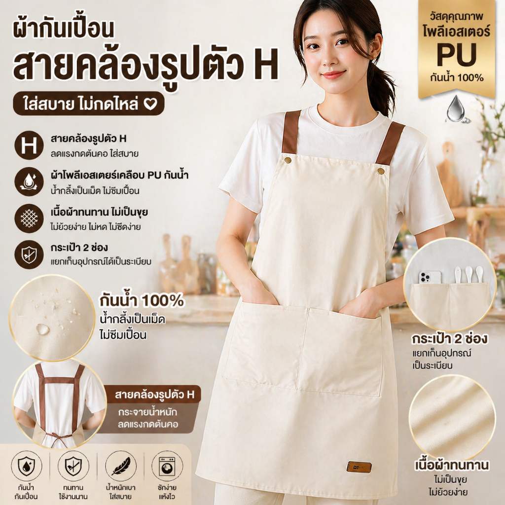 ผ้ากันเปื้อน PVC กันน้ำและกันน้ำมัน สีพื้น เหมาะสำหรับใช้ในบ้าน ห้องครัว และร้านกาแฟ ผลิตจากผ้าฝ้ายแท้ มีให้เลือก 5 สี