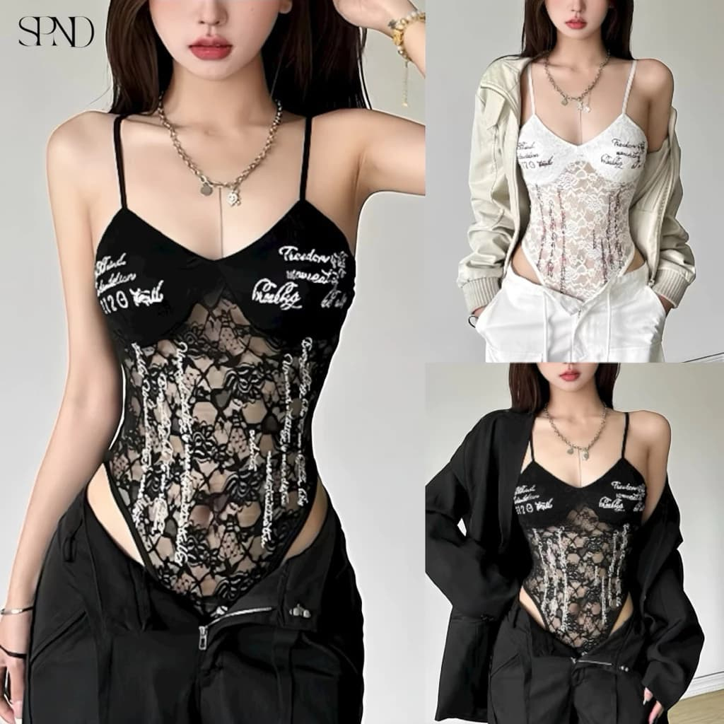 SPND【พร้อมส่งจากไทย】ชุดบอดี้สูทสายเดี่ยว พิมอักษร ลูกไม้ซีทรู มี2สี (1009)