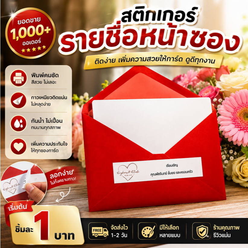 สินค้าพร้อมส่ง!! สติ๊กเกอร์ติดซองการ์ดแต่งงาน มีลายให้เลือก ลาย Minimal เรียบหรู ดูดี