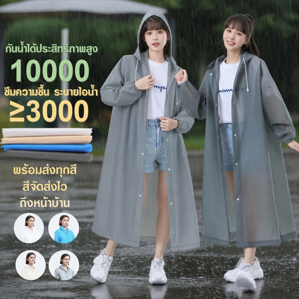 เสื้อกันฝน เสื้อกันฝนแฟชั่ EVA เสื้อกันฝนผู้ใหญ่ ไม่มีฝนรั่ว หนาขึ้น ทน และมีน้ำหนั พับเก็บง่าย เสื้