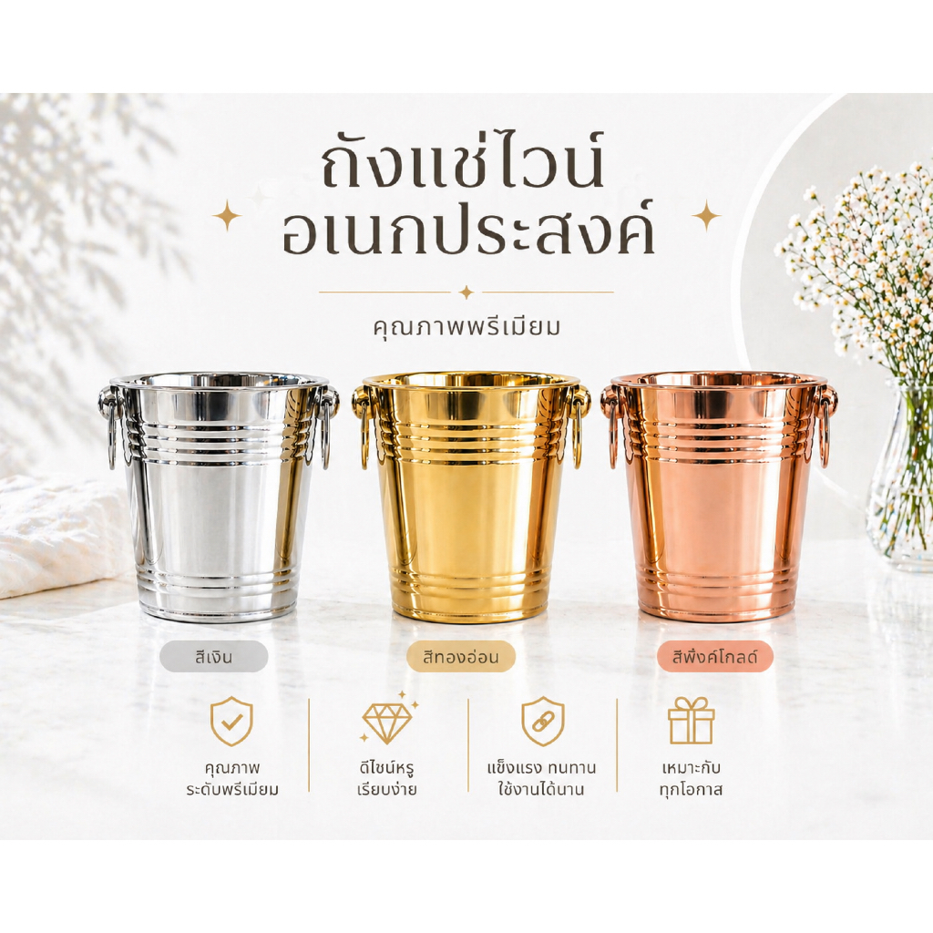 ถังแช่ไวน์พรีเมี่ยม สเตนเลสแท้ 20 cm Extra ถังไวน์ Wine Bucket แช่น้ำแข็ง ไม่เป็นสนิม V-One