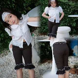 กางเกงเด็กทรงCapri คาปรี ผ้าร่องยืดลายดอท
