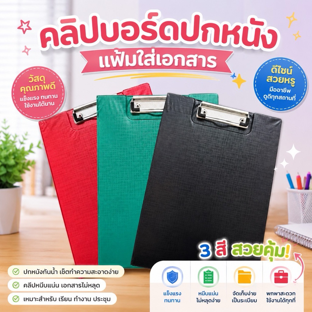 📁 คลิปบอร์ดปกหนัง กระดานรองเขียน A4 พร้อมแฟ้มใส่เอกสาร มี 4 สี: ดำ แดง เขียว น้ำเงิน