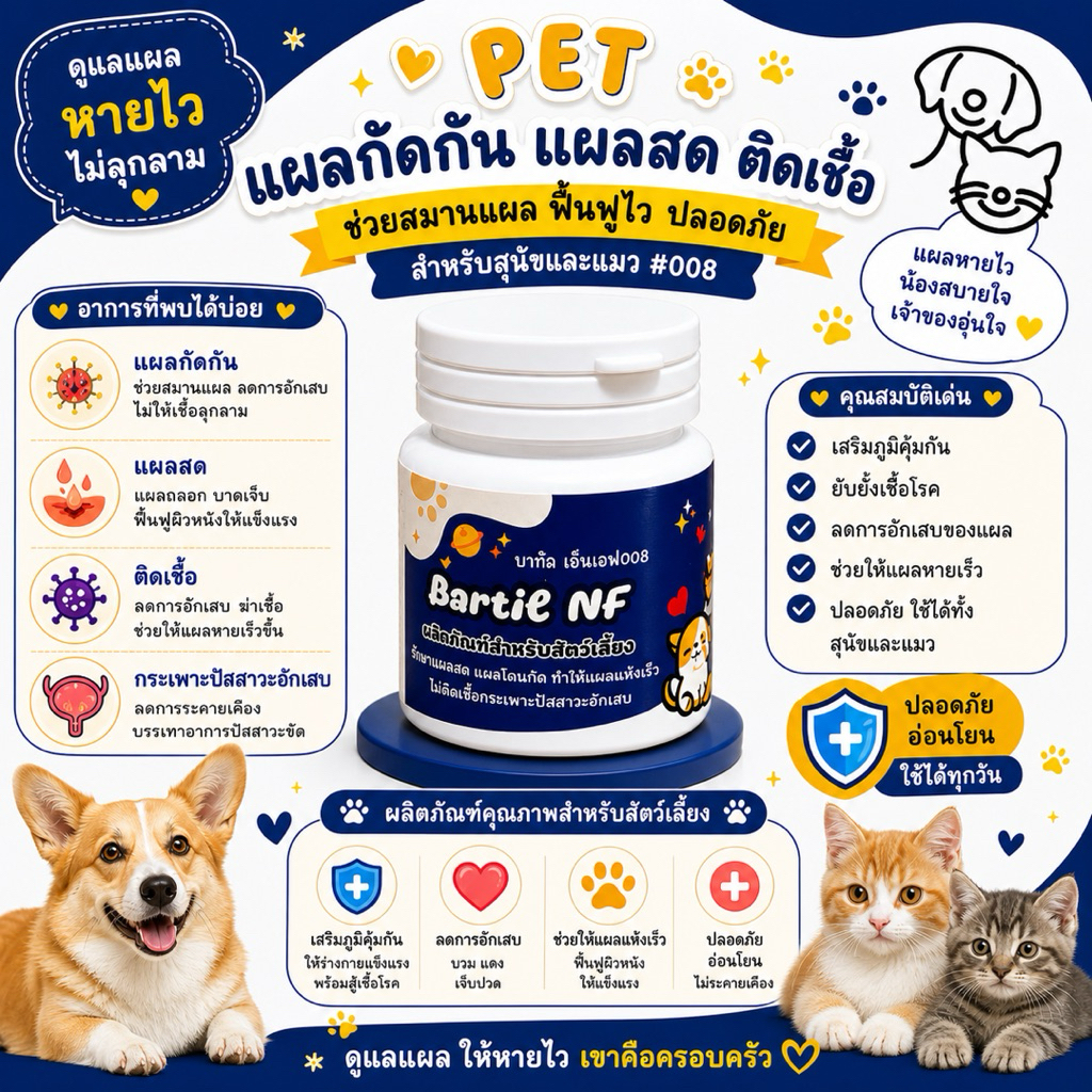 Bartil NF เสริมอาหารสัตว์เลี้ยง แผลสด แผลกัดกัน ท้องเสียไม่มีมูก กระเพาะปัสสาวะอักเสบ (สีน้ำเงิน)￼