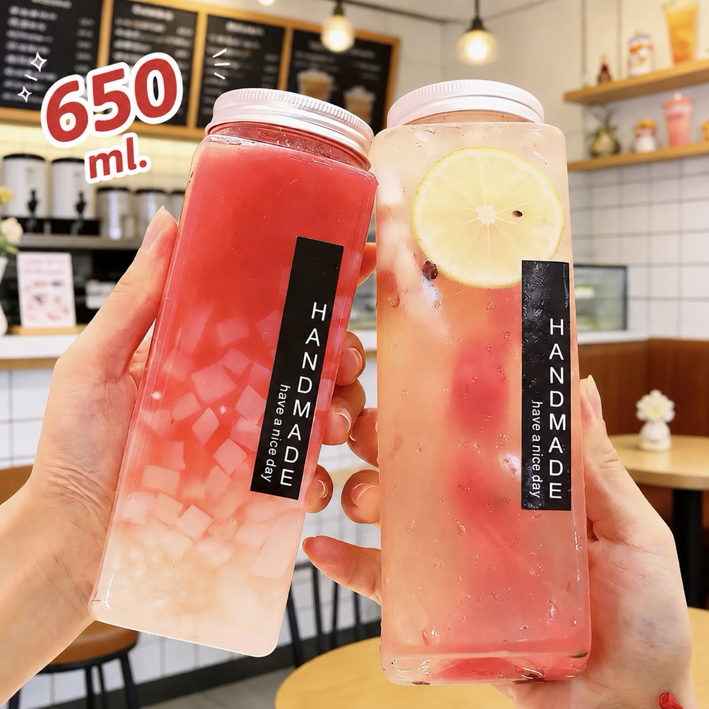 ยกลัง 50 ชุด ขวดพลาสติกใส PET ทรงสี่เหลี่ยม 650ml ฝาอะลูมิเนียม ขวดน้ำ ชาผลไม้ ชาไข่มุก