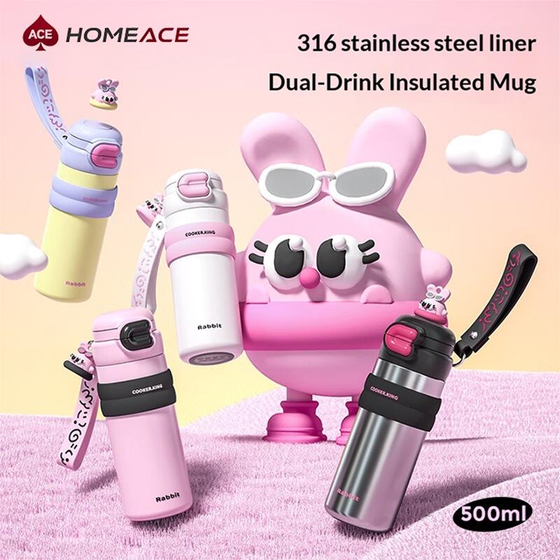 HOME ACE แก้วน้ำเก็บความเย็น 500ml สแตนเลส 316 กระบอกน้ำพร้อมหลอด ฝาปิดกันฝุ่น ลายกระต่ายน่ารัก มีสายคล้อง สำหรับเด็ก นั