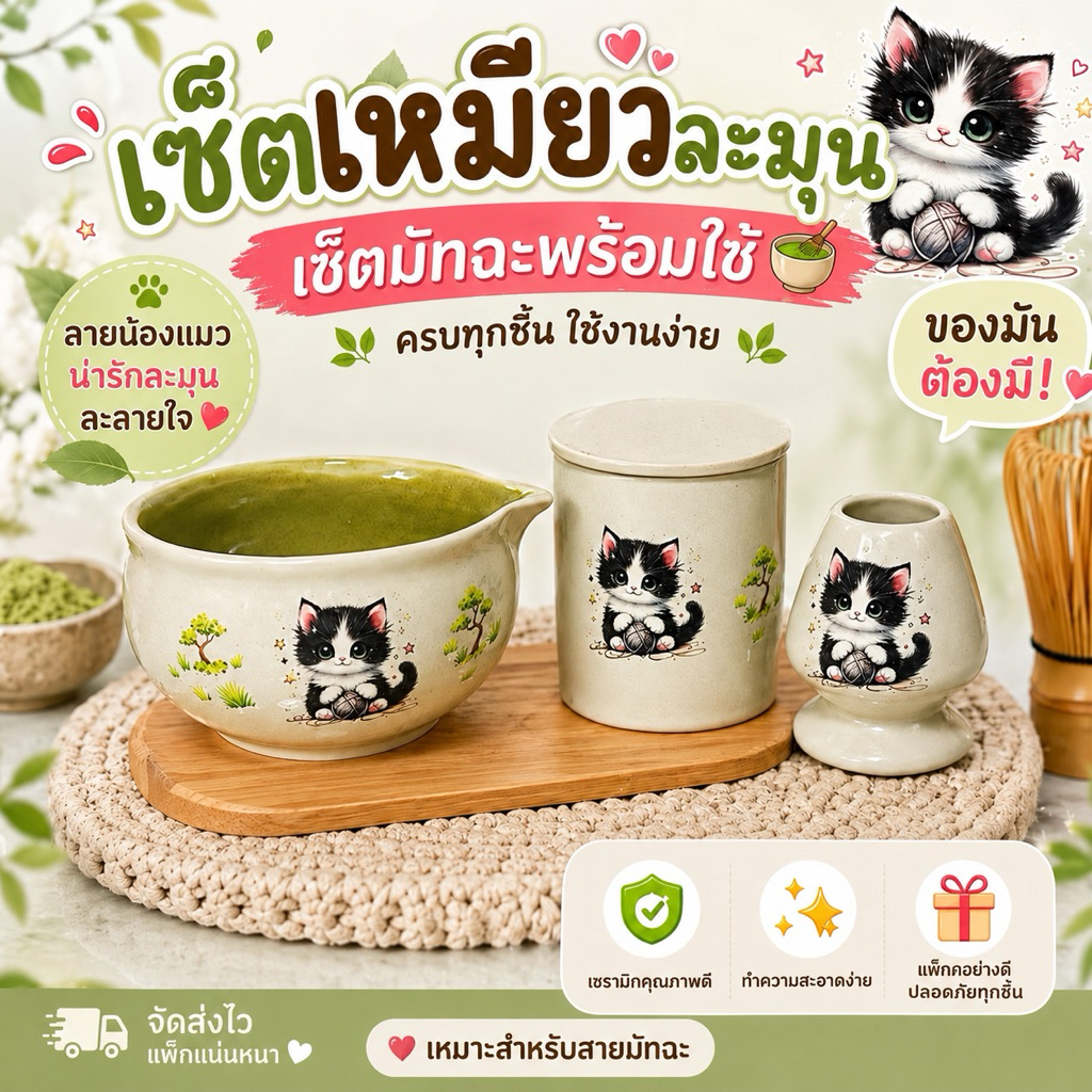 ถ้วยมัทฉะ เซ็ตถ้วยมัทฉะลายน่ารัก โปรแถมแก้วแบรนด์สุดคุ้ม(ส่วนลดหลังใช้โค้ด)