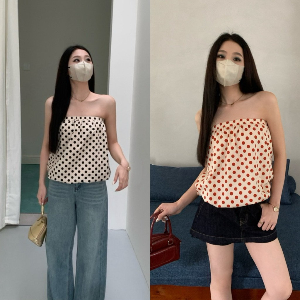 9642# เสื้อเกาะอก ลาย polka dot ทรงบอลลูน เนื้อผ้าดี ทรงสวย TAG:WG.WE