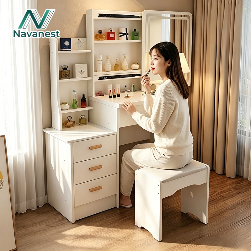 Navanestโต๊ะเครื่องแป้งกระจกLED โต๊ะเครื่องแป้งไม้สีขาว สไตล์เกาหลี เก็บของได้เยอะ ความจุขนาดใหญ่ Dressing Table ฟรีสตูล