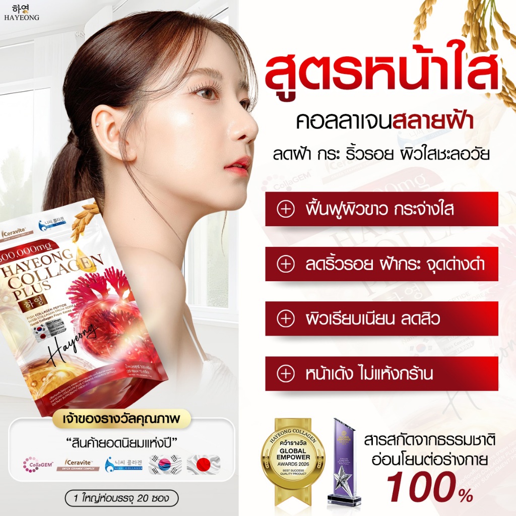 Hayeong Collagen Plus (1แถม1) ฮายอง คอลลาเจน หน้าใส ฟื้นฟูผิวโทรม คืนผิวกระจ่างใส